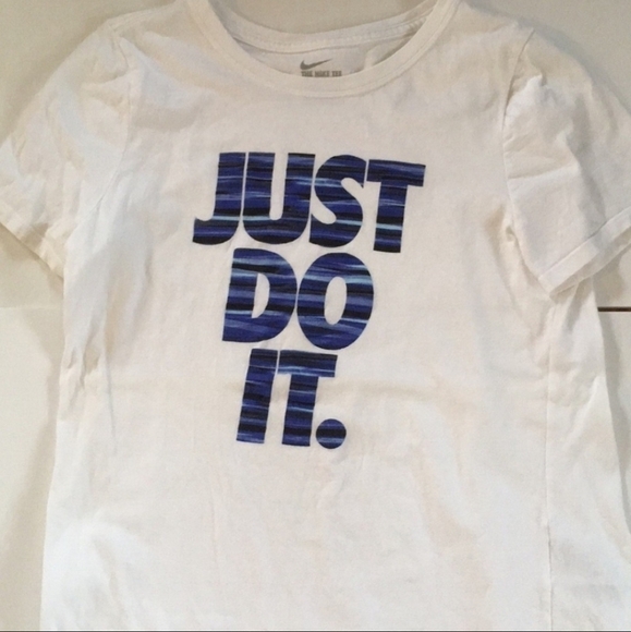 Nike Tee Just Do It Girl's Large White Blue Dri-Fit Athletic Athleisure Active - Picture 3 of 7